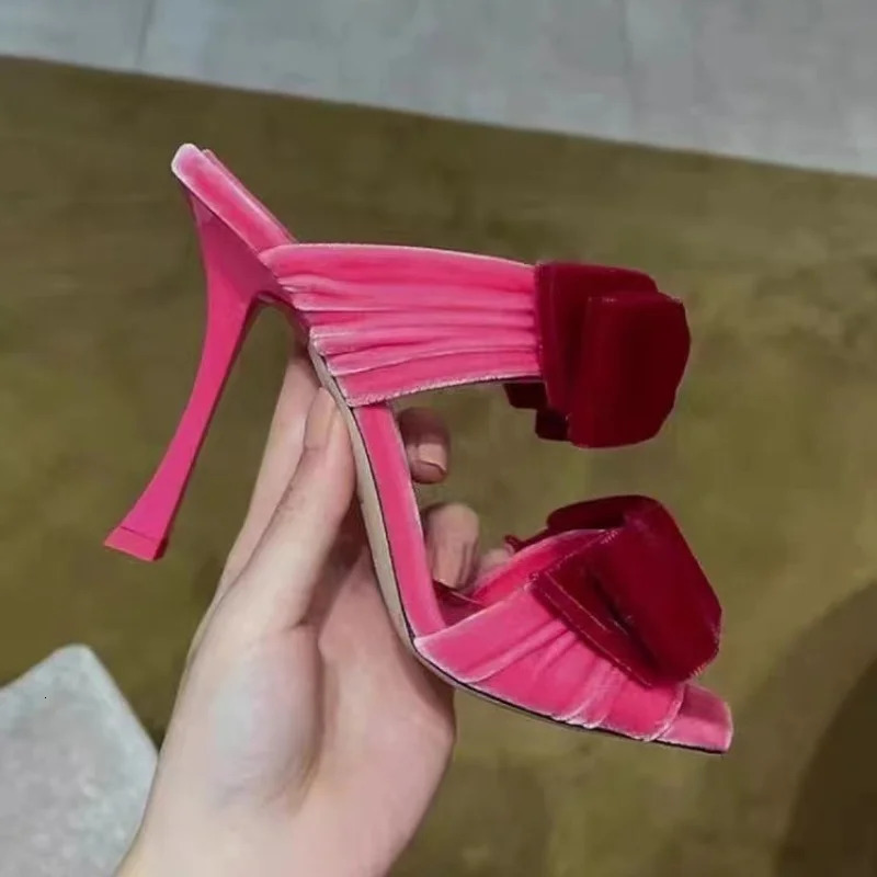 Square Toe Sandals Sexy Pink Velvet Bow Stiletto Heels Temperament Open-Toed Slippers Women 250322