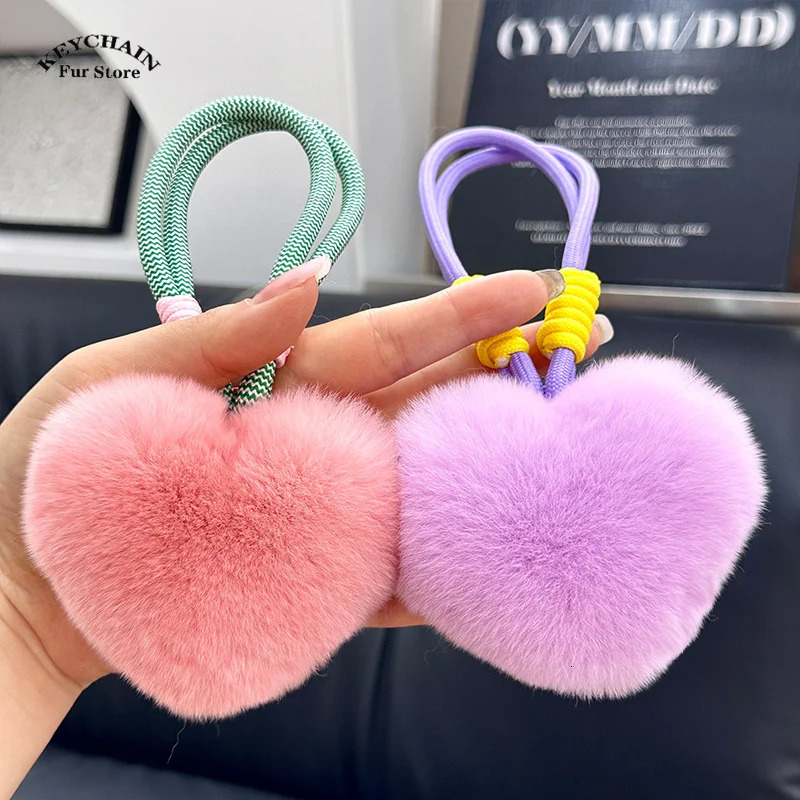 Natural Fur Heart Ball Charm Keychain Women Girl Creative Soft Bag Pendant Cute Plush Toys Keychain Valentines Day Gifts 250319