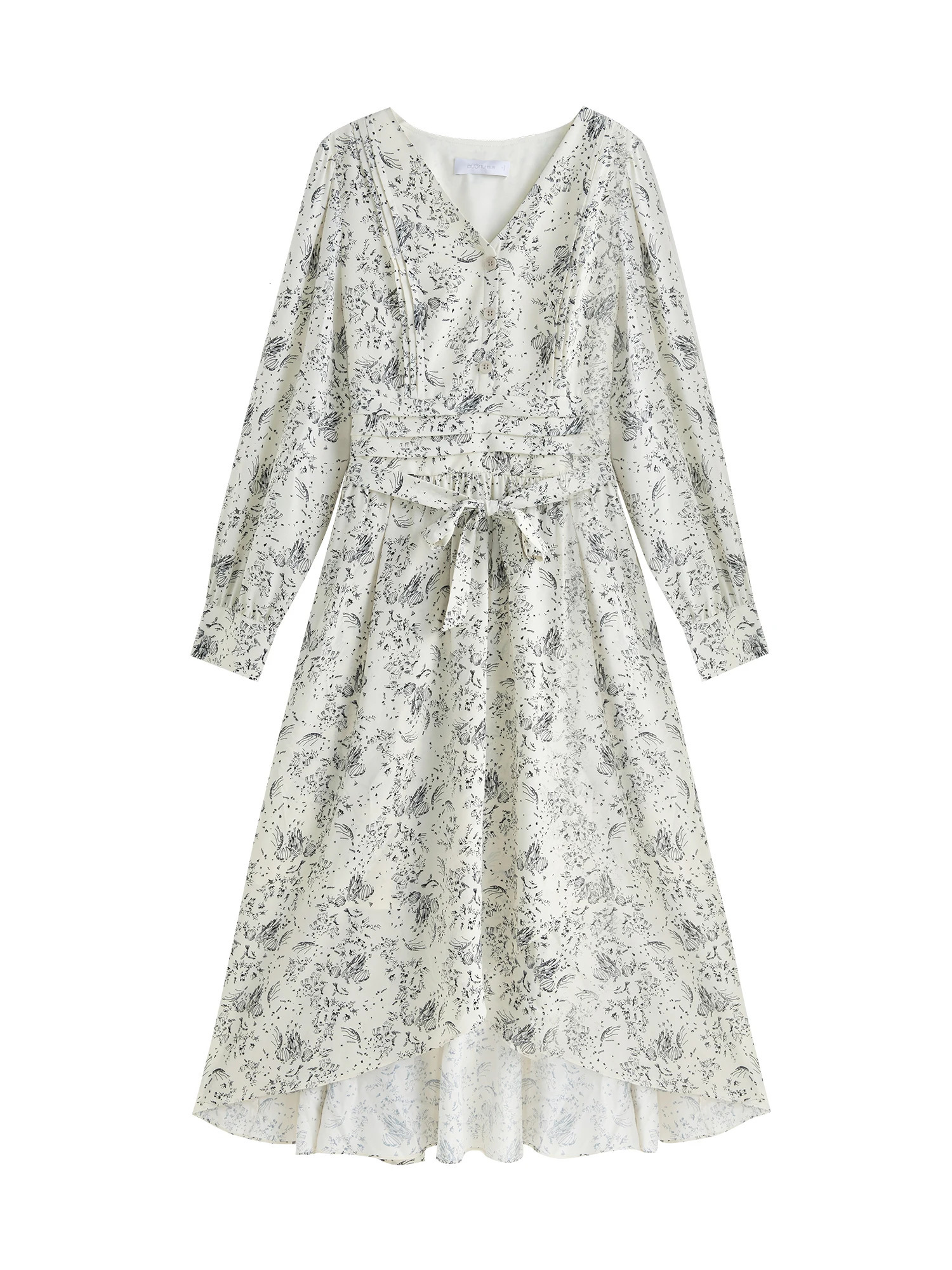 DUSHU Womens Ribbon Decorated Pleated Printed Dress Autumn Classic V-neck Elegant Long Dress 24DS83319 250322