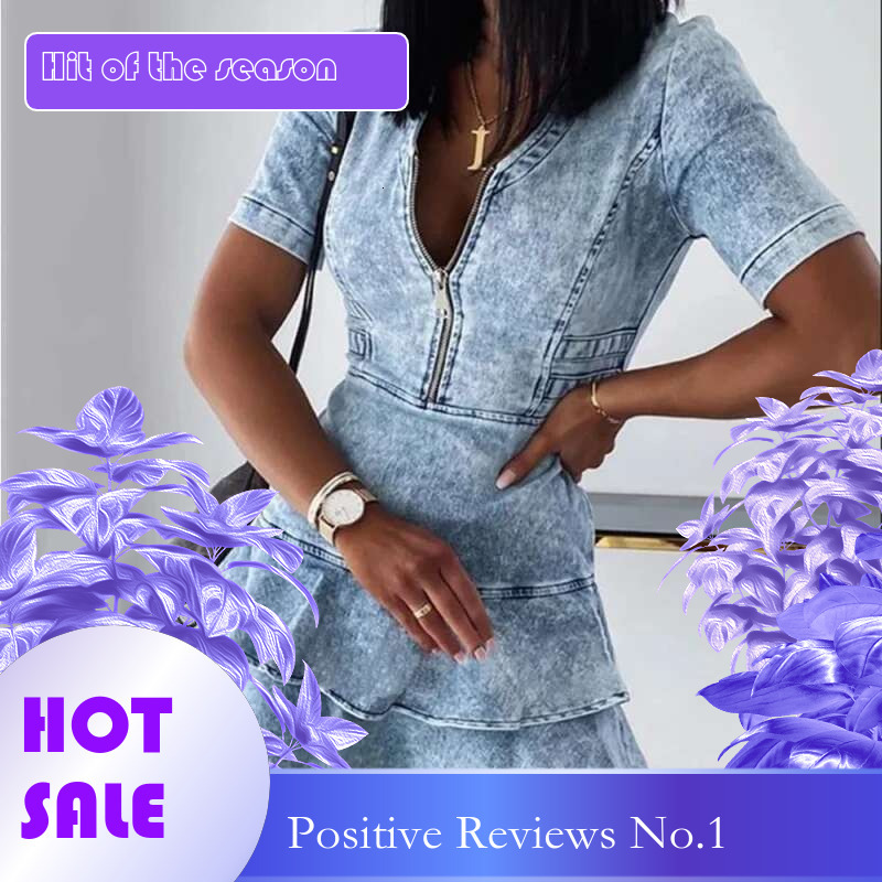 Dongdumaoyi Mode Ultrakorte Casual Denim Damesjurk Met Korte Mouwen En V Hals Sexy Stijlvol Comfortabel
