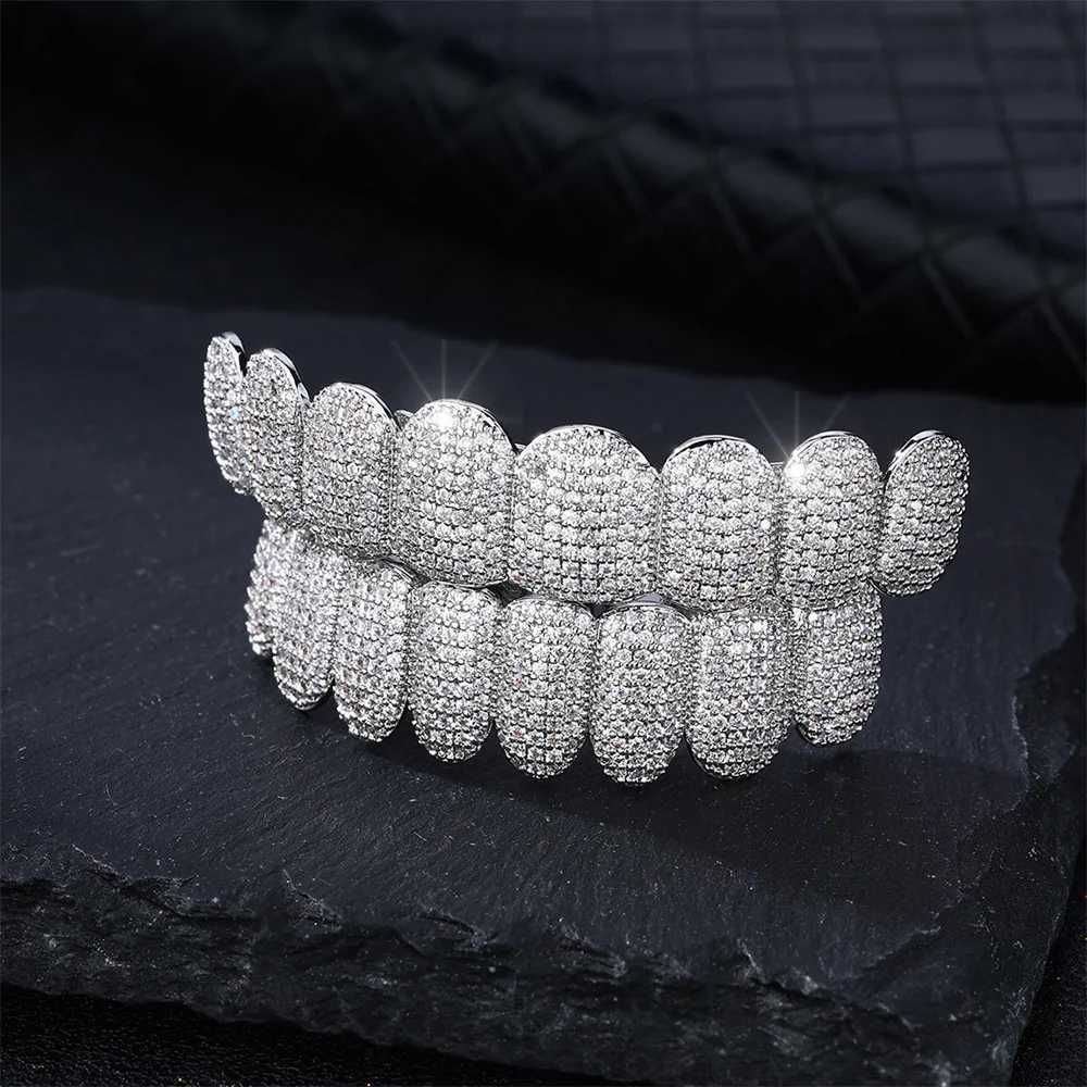 D Z New Teeth Grillz Prong With Bling AAA CubicStones Silver Color Eight Top Bottom Vampire Grills Set For Hip Hop GiftXJ250322