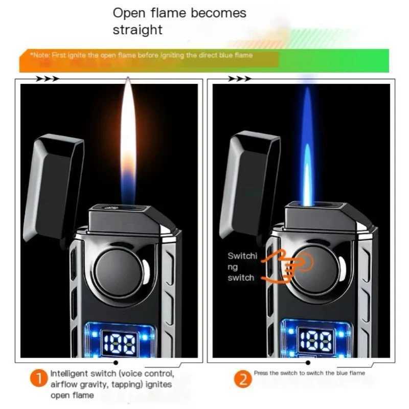 Creative Voice Controlled Ignition Gas Lighter Color Light Battery Display Open Fire Switching Jet Fire USB Electric LightersC250322