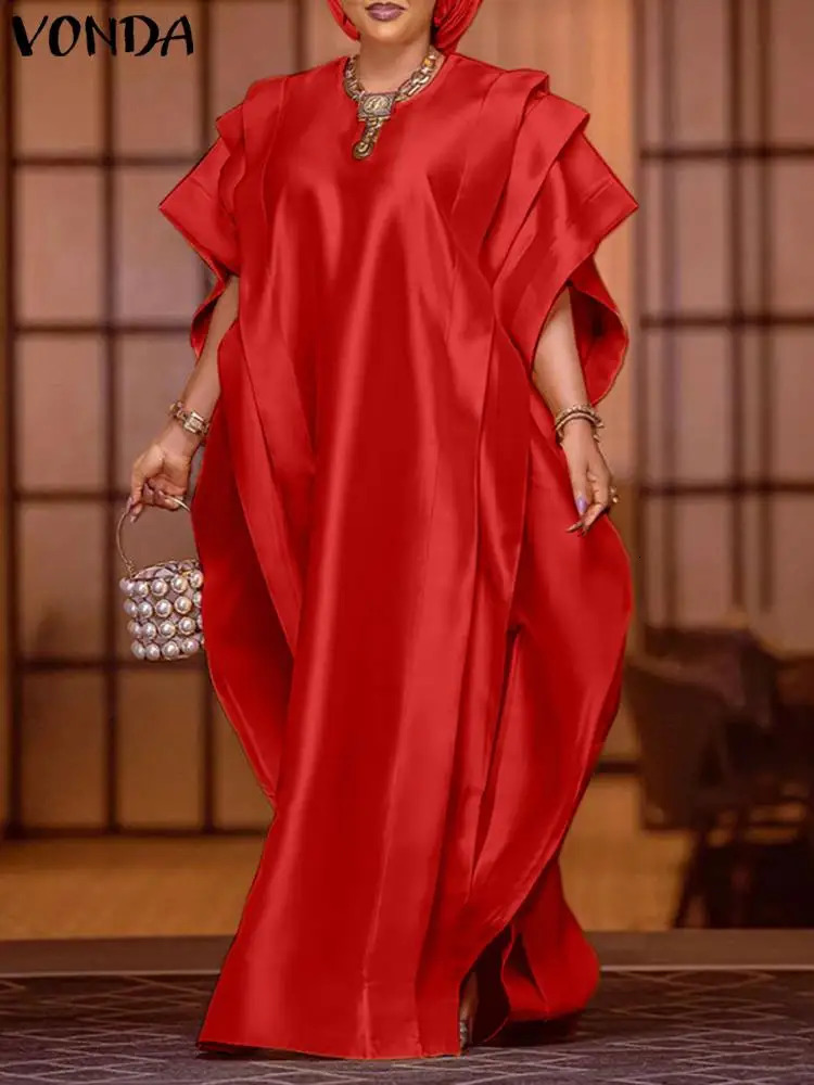 VONDA oversized womens long skirt elegant short sleeved pleated satin party dress casual loose solid color summer outfit 250320