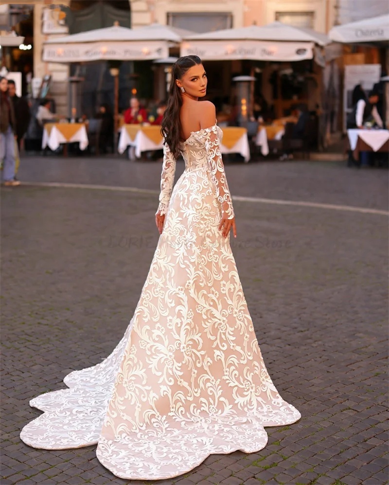 Classic Women Wedding Off Shoulder Long Sleeves Bridal Gowns Lace Detachable Train Dress Custom Made