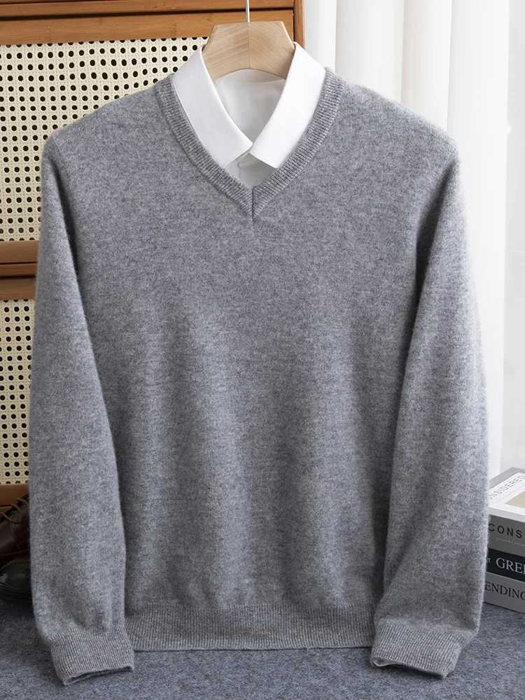 2024 Autumn Mens Cashmere Sweater V-neck Lanhua 00% Merino Wool Thick Knitted Soft Knitted Casual Fashion Top W250322