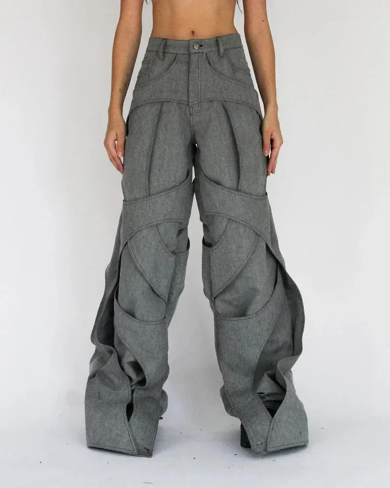 Solid color hollow street jeans mens work jeans casual floor length loose Trouser retro work jeans Y2k pants 250317