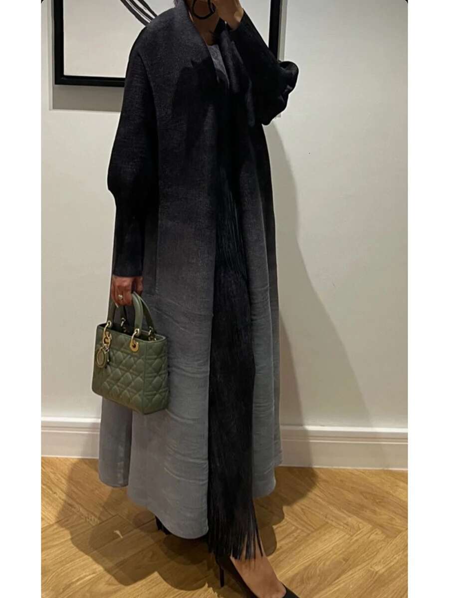 Miyake Pleated Gradient Turndown Collar Lantern Sleeve Jacket Women 2024 New Original Designer Abaya Fashion Long Coats