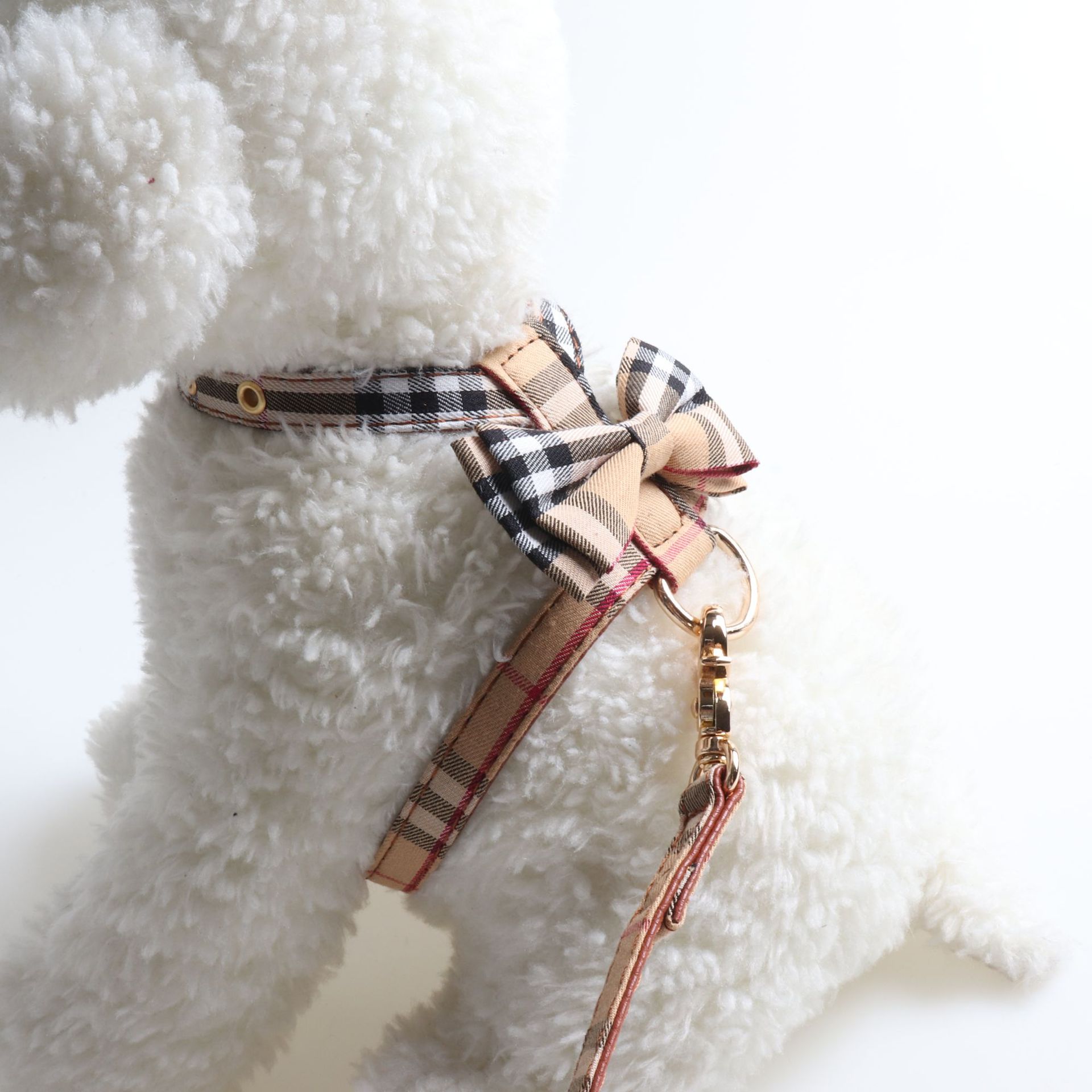 New Product K-shaped Bowknot Dog Harness Set with Two Adjustable Metal Buckles Portable Small Dog Harness, PU Leather Classic Plaid Puppy Harness and 