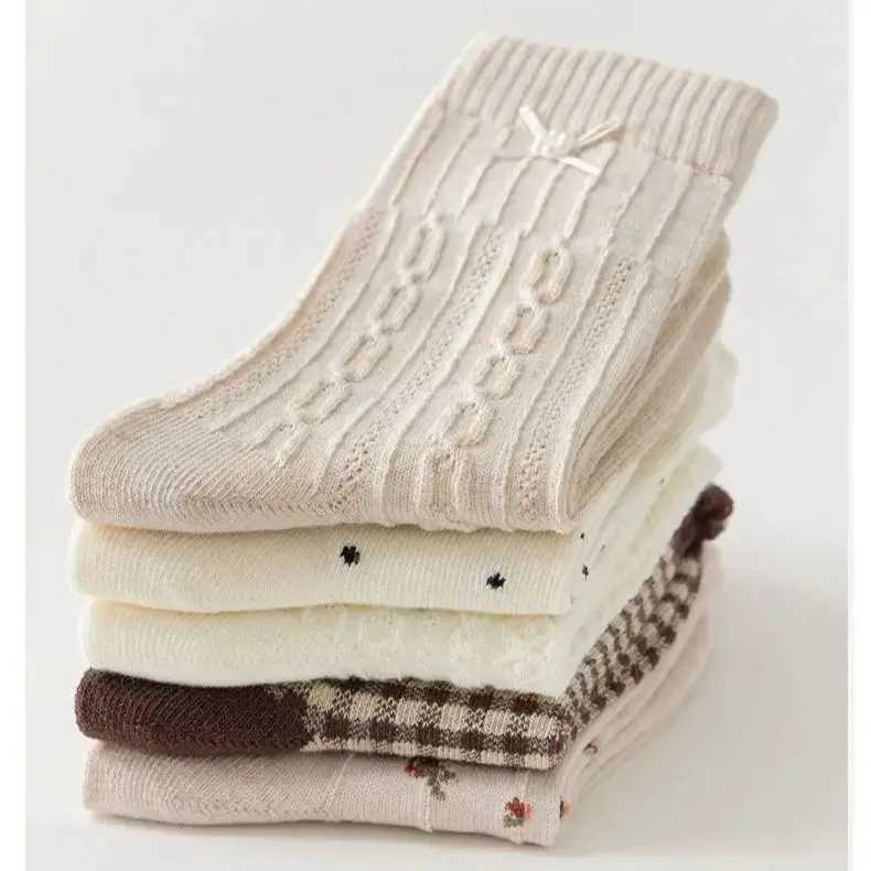 Spring Girls Retro Maillard Color Ruffle Socks Childrens Calf Socks Cotton Socks 5 pairs X2503221