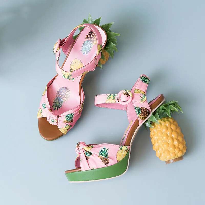 Phoentin pineapple high heels buckle strap sandals pink printed Peep-Toe Pumps summer platform shoes women novelty FT919