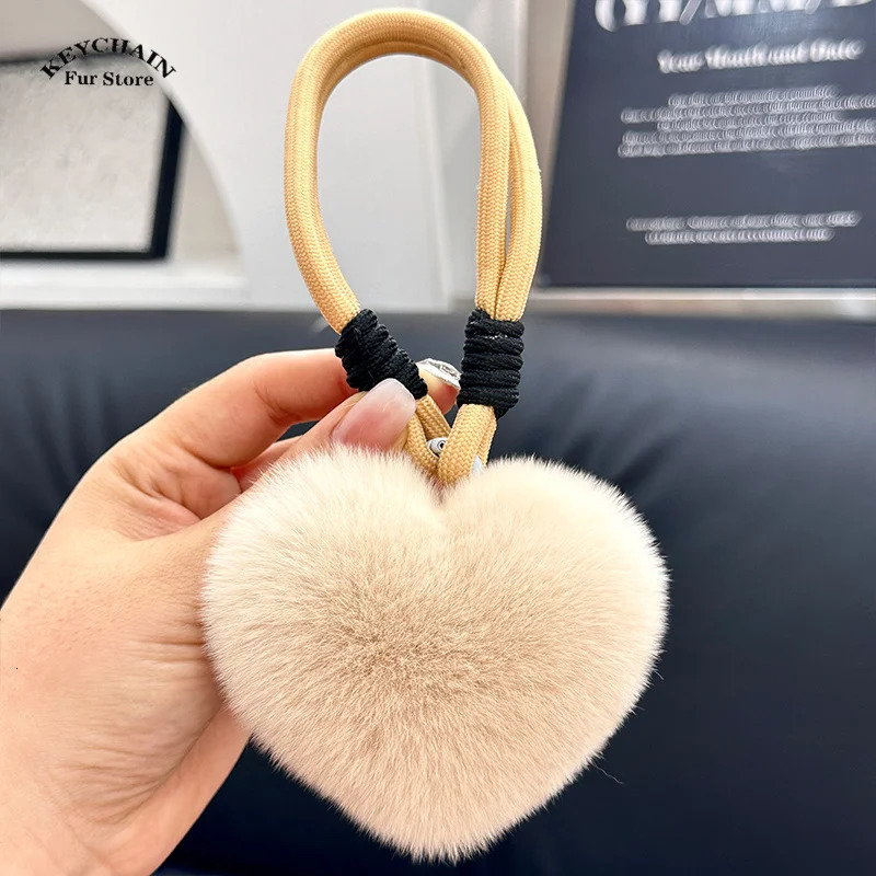 Natural Fur Heart Ball Charm Keychain Women Girl Creative Soft Bag Pendant Cute Plush Toys Keychain Valentines Day Gifts 250319