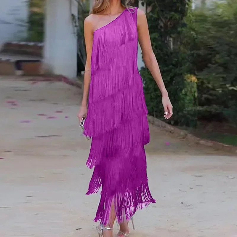 Elegant Asymmetric Slim Evening Dress Fashion Tassel Club Party Lady Sexy Diagonal Collar Sleeveless Tank Long 250320