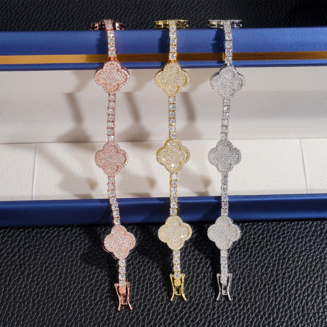 Single stone fashion 3/4mm 925 silver vvs moissanite clover trendy bracelet necklace