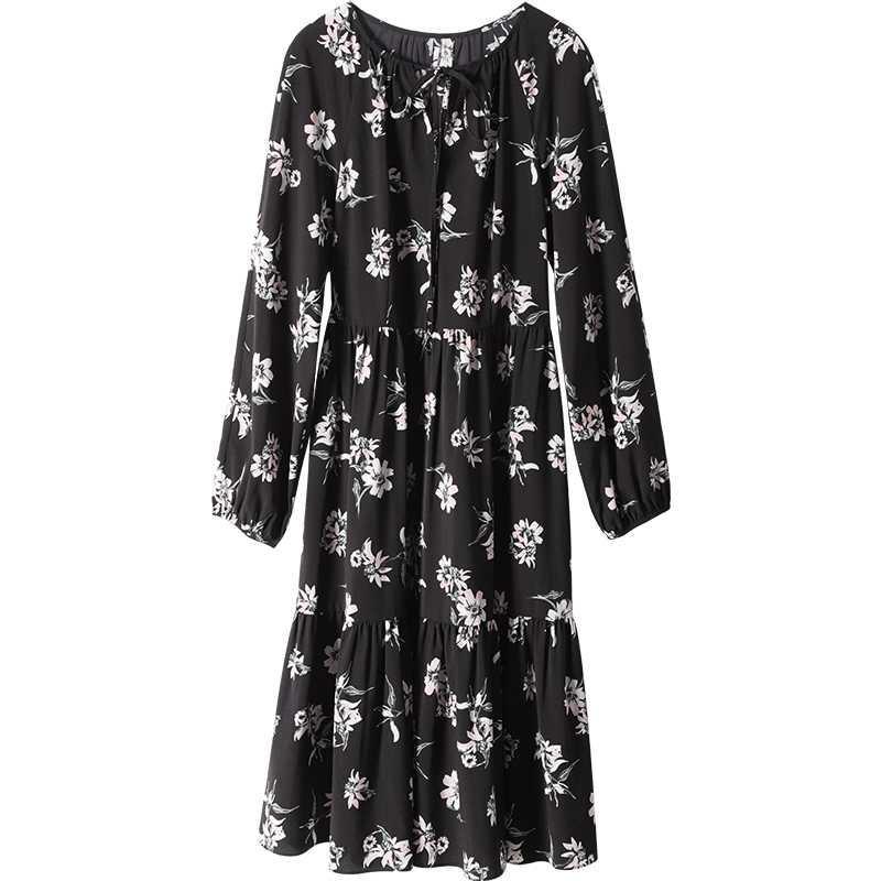 D205 Light luxury lady temperament long sleeve printed floral dress