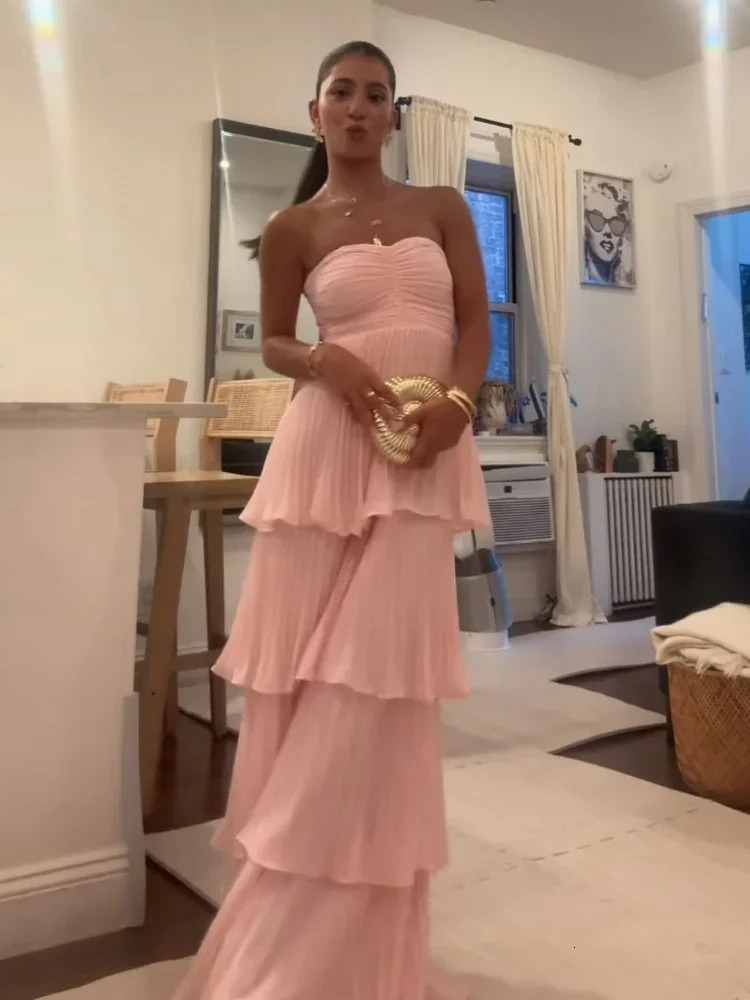chic pink scarf long sleeved vest elegant strapless ultrathin pleated cake Maxi dress womens party club robe 250321