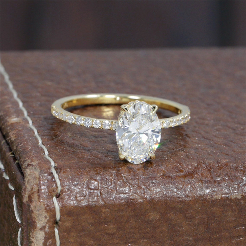 Jewelry 1.5 Carat Oval Cut Lab Diamond Engagement Half Band Hiden Halo Ring Real 14K Solid Gold Womens Wedding HPHT Diamond Ring