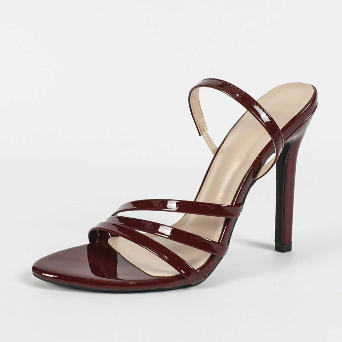 Ladies Patent Leather Multiple Straight Strap Ankle Strap Round Toe High Heeled Sandals Party Wine Red High Heels