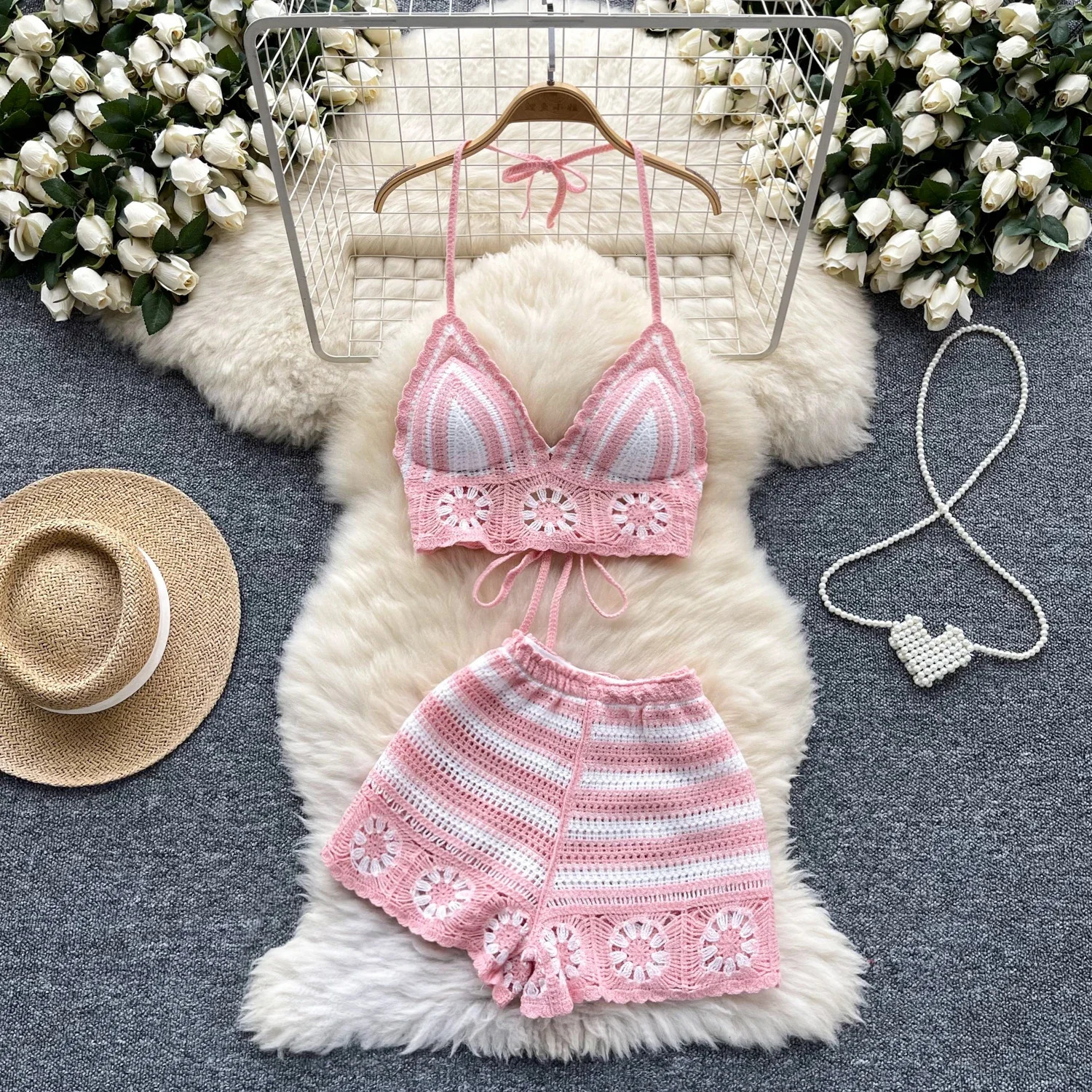 2025 Beach Vacation Knitted Womens Co ord Set Crochet Sleeveless Lace Vest and Shorts 2piece Summer 250322