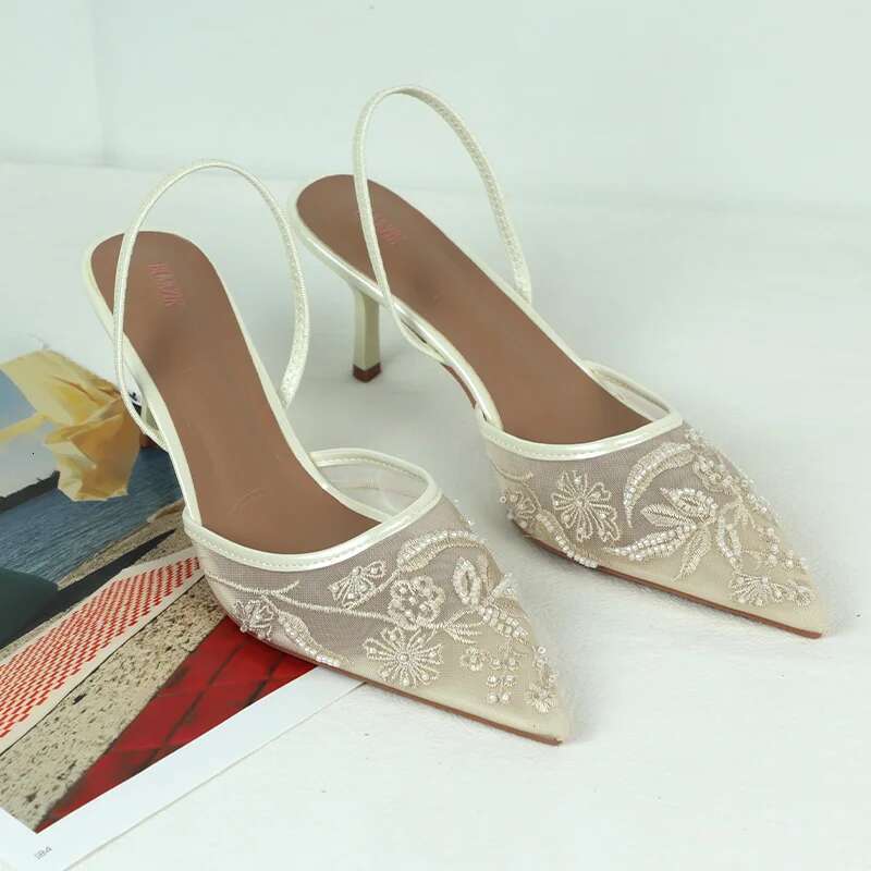 2025 New Women's Embroidered Mesh Diagonal Back High Heel Sandals Designer Fashion Shoes Unique Ivory Elegant Style Wedding Party High Heels