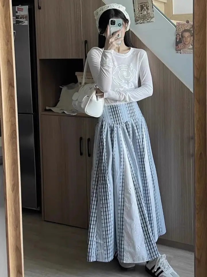 Wedbleser Sweet Printed Patchwork Striped Midi Skirt Womens Summer Casual Style High Waist A-line Long Skirts 250319