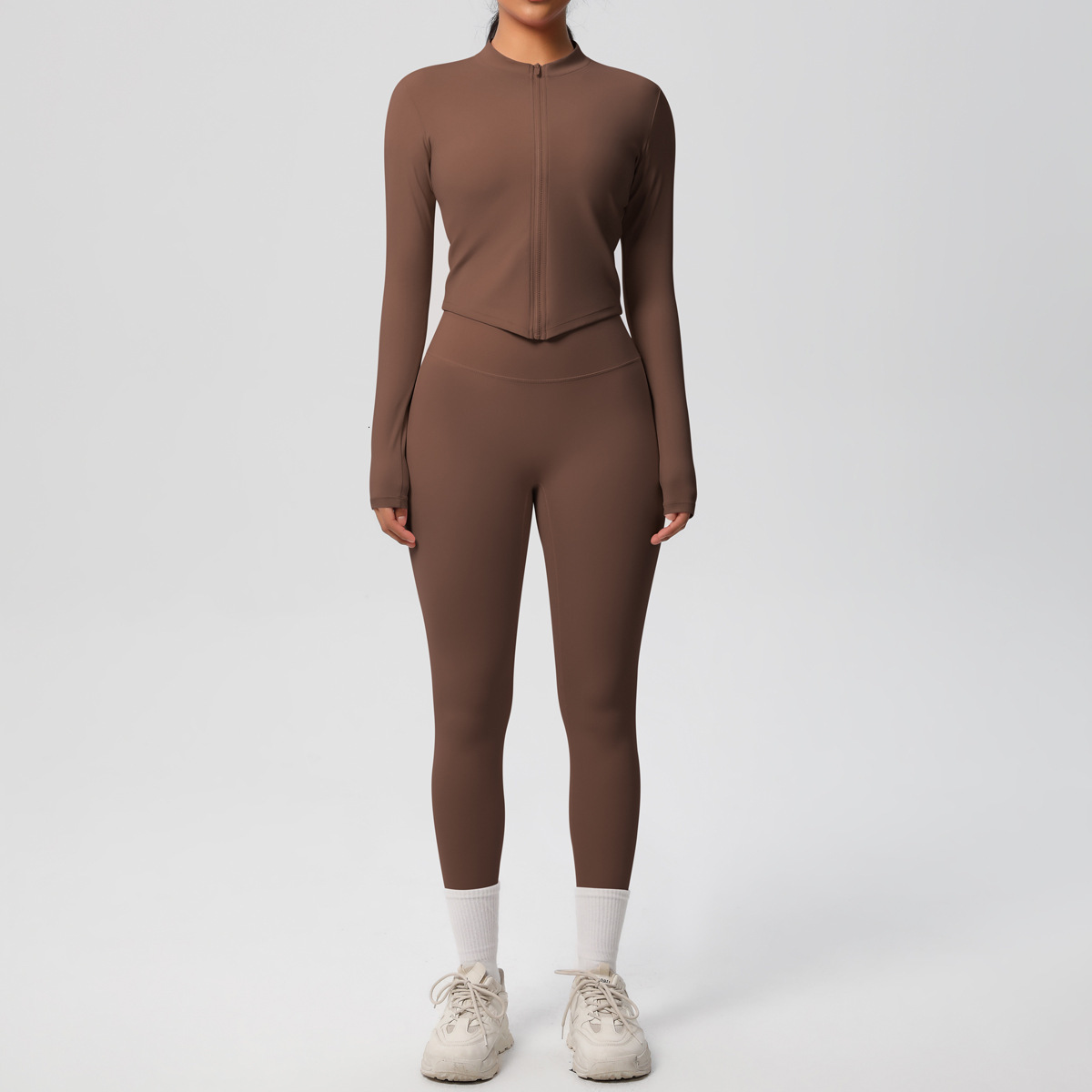tracksuit Solid color double-sided brushed nude jacket long sleeved tight running fitness yoga suit two-piece set leggings