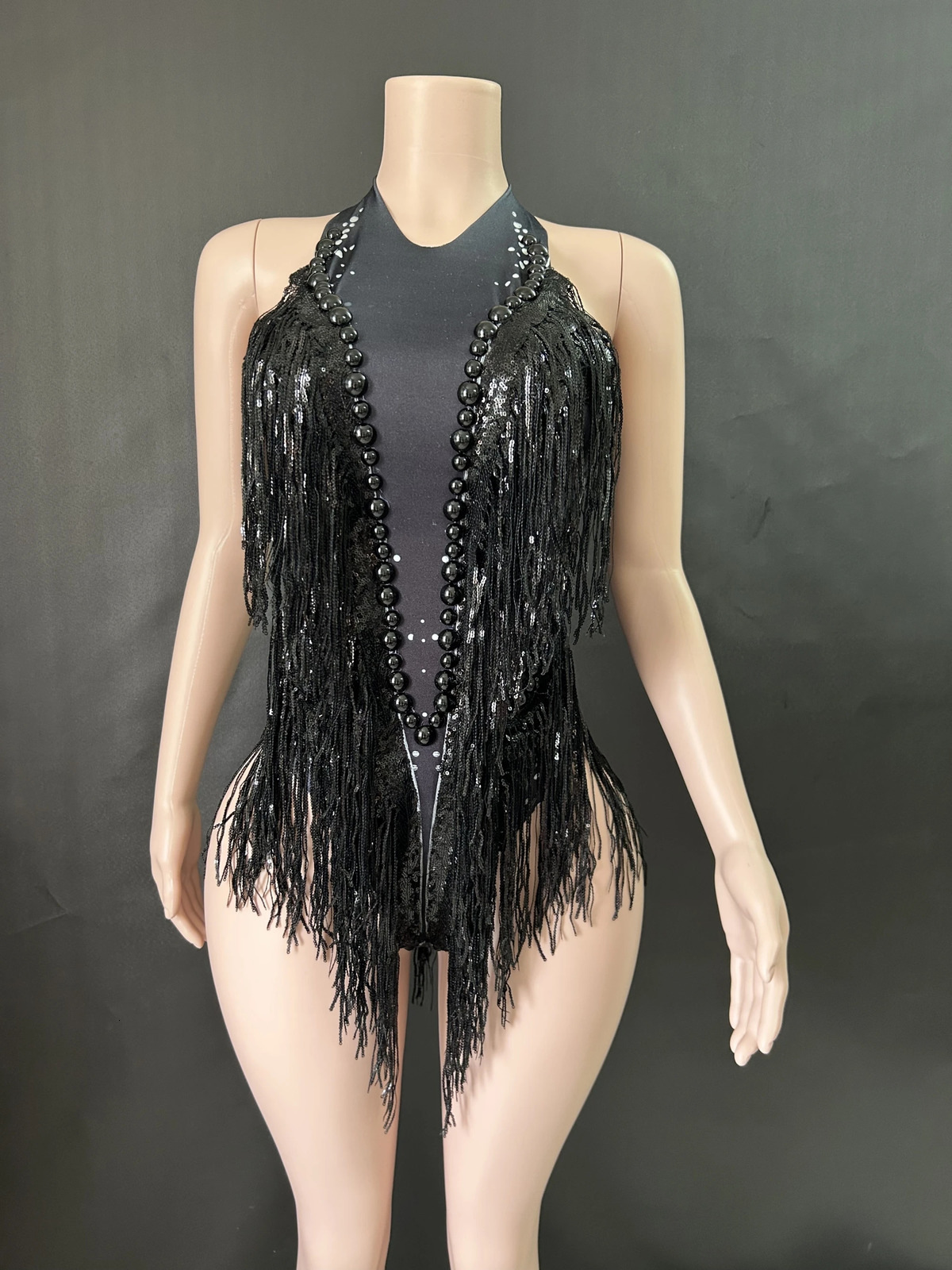 Sparkly Rhinestones sequined fringe tight jumpsuit womens nightclub set singer dancer costume stage wear sexy performance suit 7G 250320