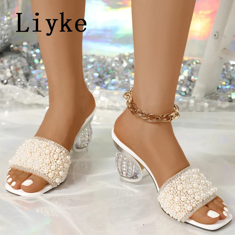 Liyke Size 36-42 Women Summer Party Slippers Fashion White Pearl Sandals Female Shoes Strange High Heels Mules Slides 250321