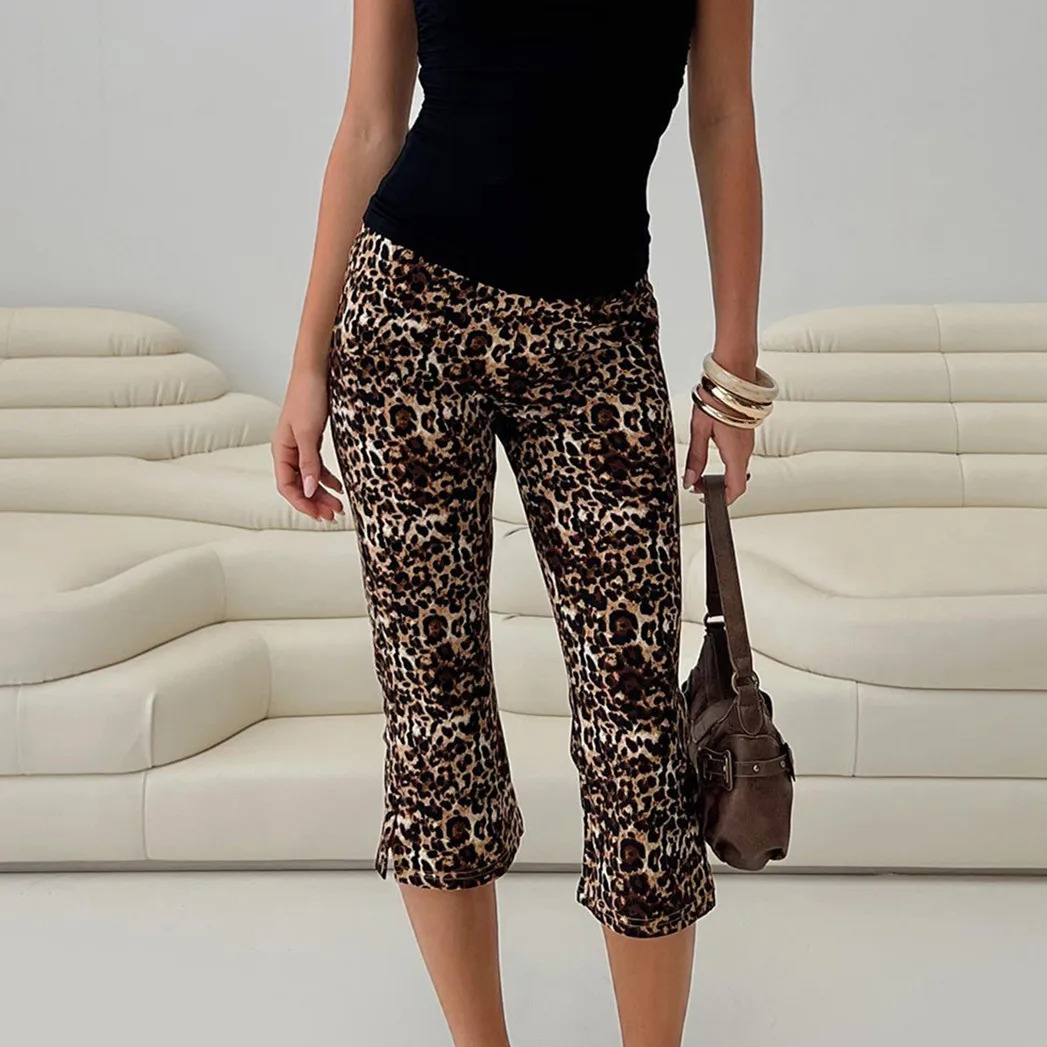 hirigin Women Pants Leopard Print Flare Pants Summer Casual Cropped Pants Stretch Crop Leggings Vintage Streetwear 250321