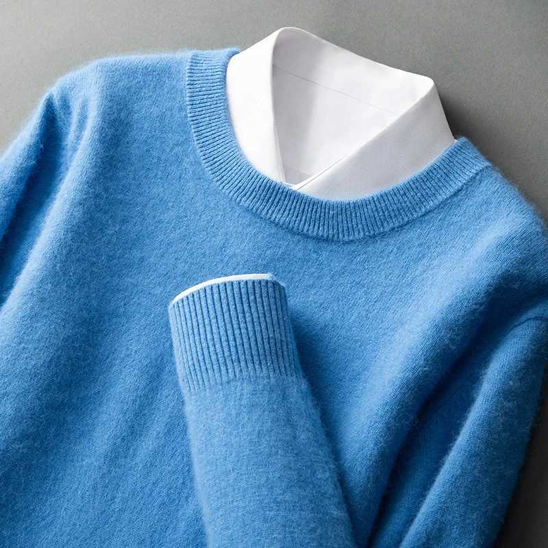 Mens 100% mink cashmere sweater loose autumn winter youth solid color long sleeved zipper round neck knitted bottom sweater W250322