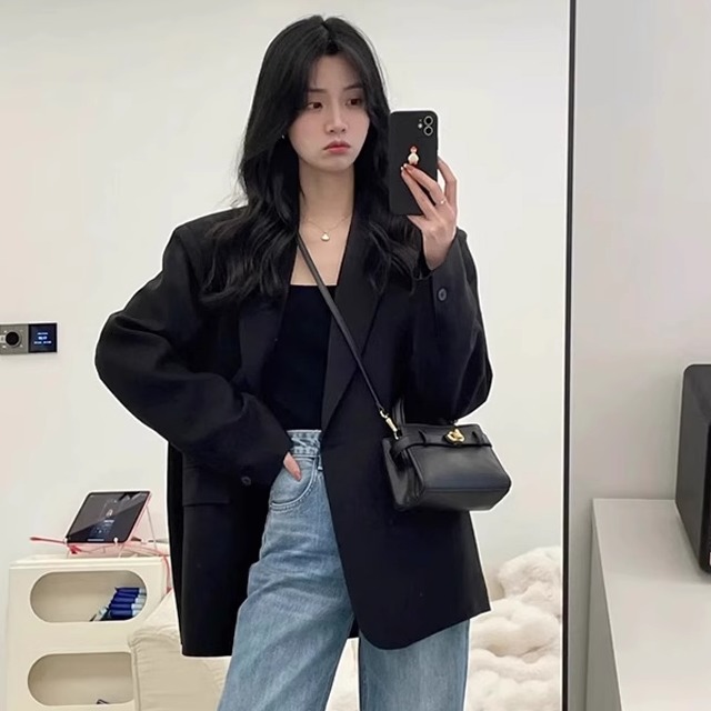 H320Contemporary Women's Black Business Blazer - Comfortable Fit Korean Fashion
