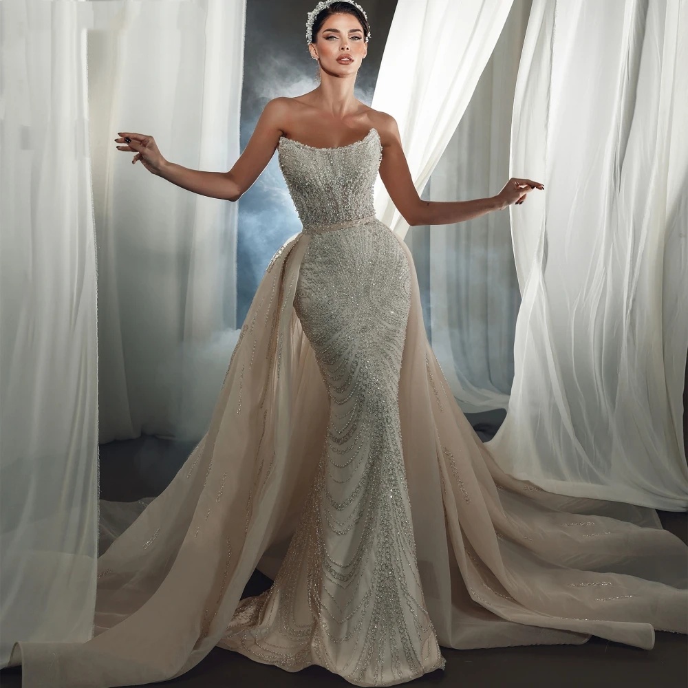 Mermaid Wedding Dress Strapless Sleeveless Bridal Gowns Sequins Beaded Detachable Train Dresses Custom Made vestidos de novia