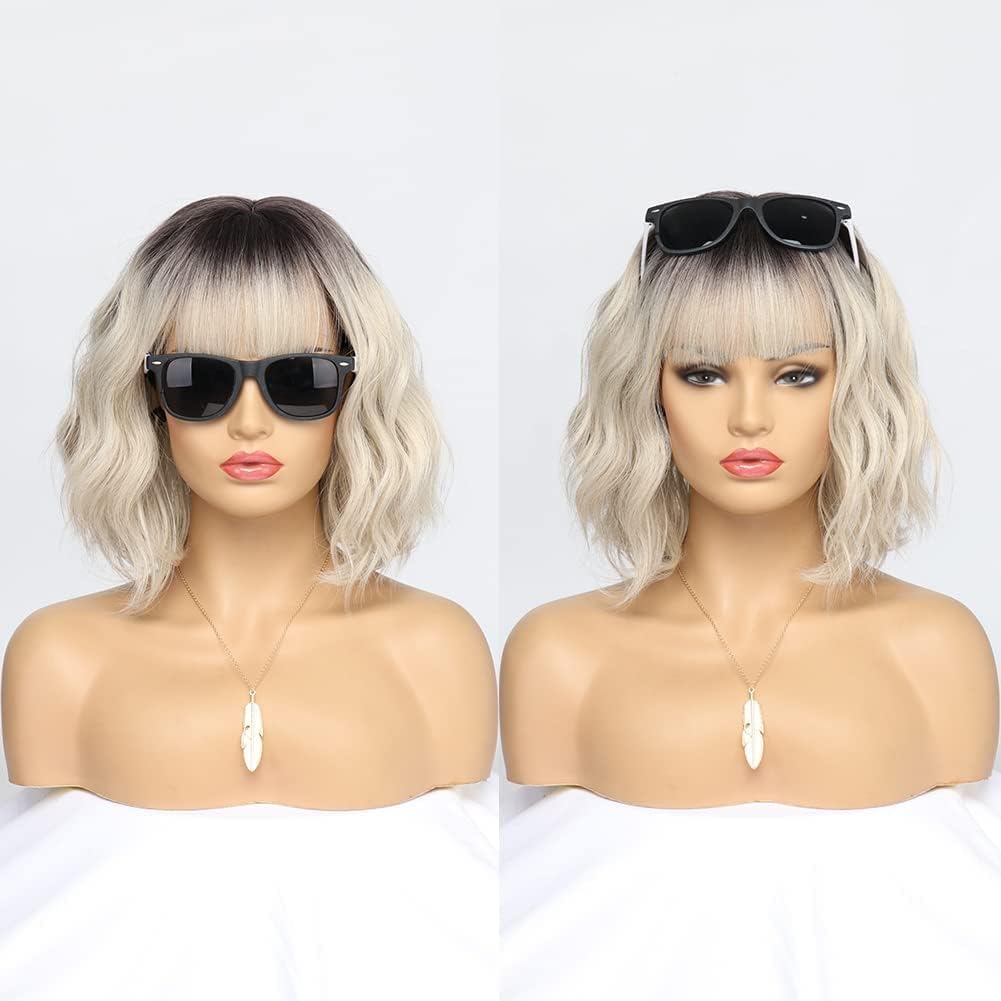 Short Blonde Bob Wigs for Women Wavy Ombre Grey Blonde Wig with Bangs Ash Blond Wig Synthetic Hair Water Wave Medium Length Colorful Wigs