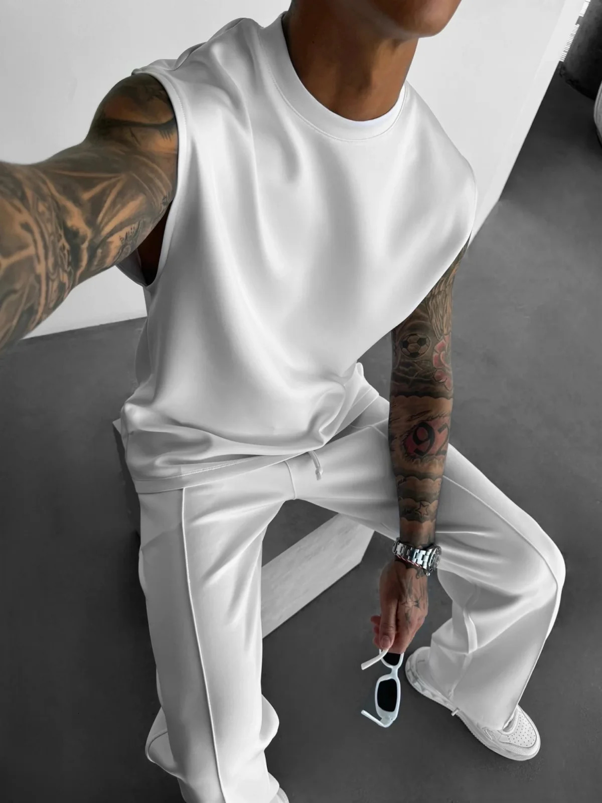 Summer mens sports fashion casual pants vest set loose sleeveless T-shirt solid color set 250318