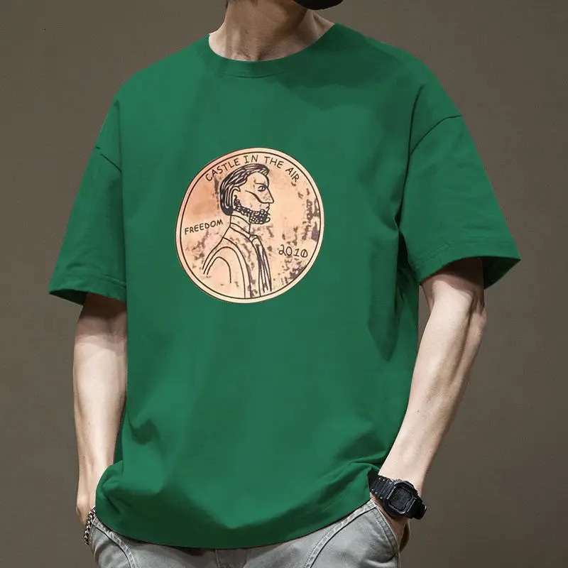 Summer Short sleeved Mens Fashion Casual Printed Cotton British Loose Round Neck Retro T-shirt Top 250321