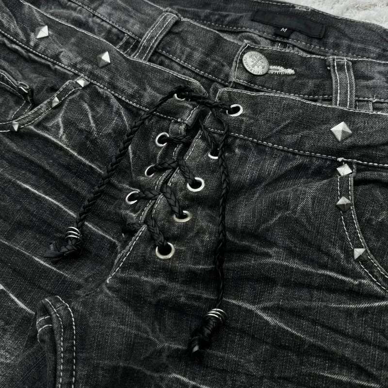 Fashionable High Street Double Waisted Lace Up Micro Flared Y2k Retro Haruku Washed Design For Men And Women Jeans