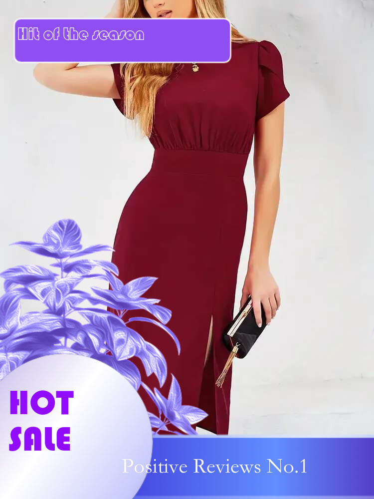 Dongdumaoyi Zomer Nieuwe Elastische Taille Split Geplooide Jurk Elegante Ronde Hals Kantoor Bodycon Rok Stijl A