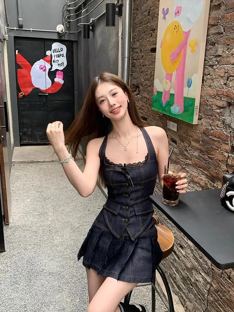 American Style Outfits 2 Piece Skirt Set Korean Single Breasted Denim Halter Tops Women Fashion Sexy Pleated Skirt Girls 250319