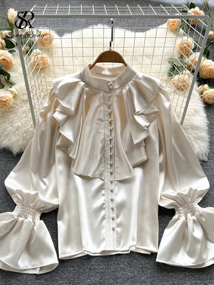 SINGREINY High Quality Satin Loose Shirt Long Flared Sleeves Ruffles O Neck Beading Women Gentle Office Lady Casual Blouse 250322