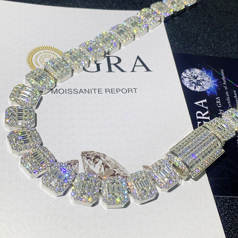 Hot selling 13mm ladder S925 silver inlaid moissanite Cuban chain hip-hop necklace bracelet