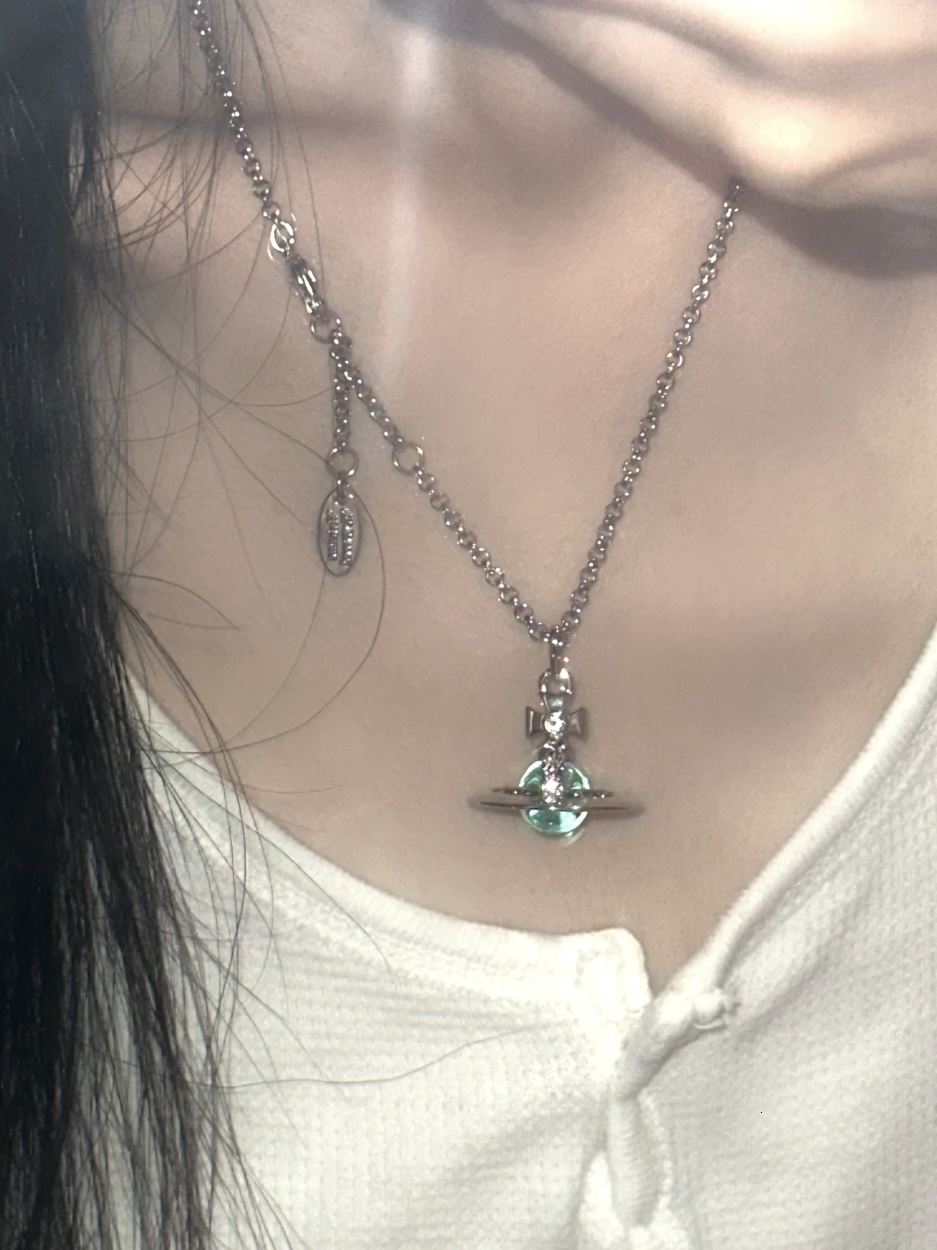 Misa Officail | Limited Edition Mint Green Medium Orb Stunning 3D Saturn Collarbone Necklace Layered For Spicy Girls