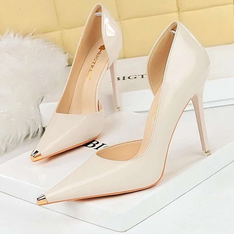 BIGTREE Black Patent Leather High Metal Pointed Pumps Sexy Party Shoes Stilettos Women 7 Cm 10.5cm Heels