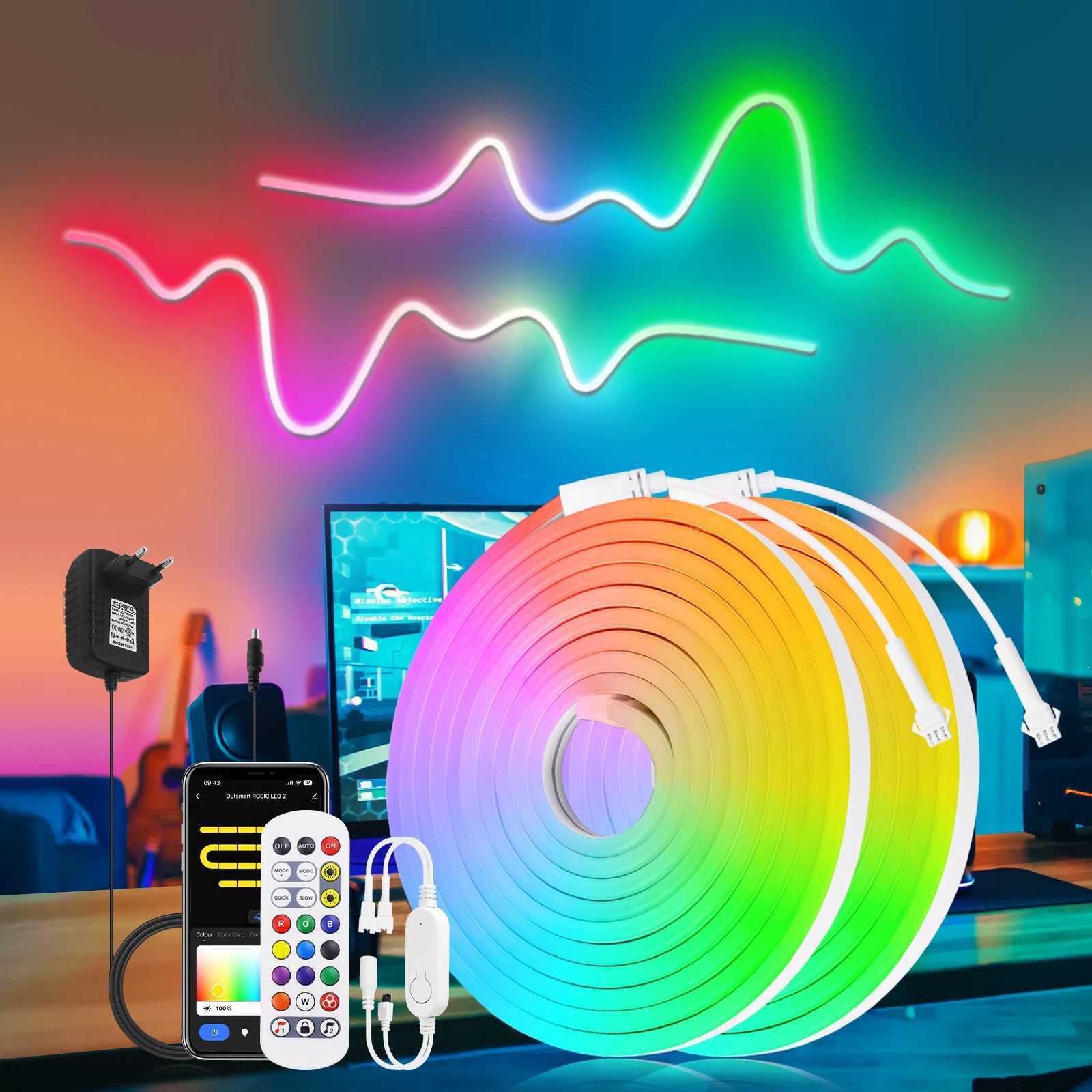 10M 20M RGBIC neon light LED strip light 12V 24V intelligent WIFI 84LED/M with music synchronized dreamy color chasing rope light X250322