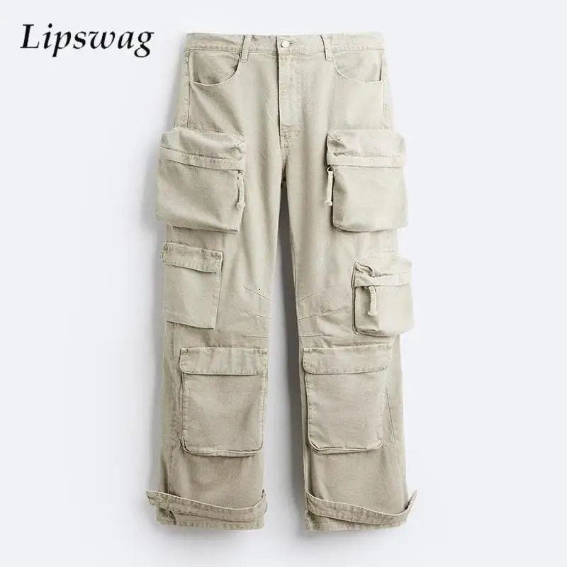 Trendy Denim Cargo Pants Mens Vintage Multi Pockets Patchwork Loose Straight Jeans Men Spring Fall Fashion Solid Color Trousers 250319