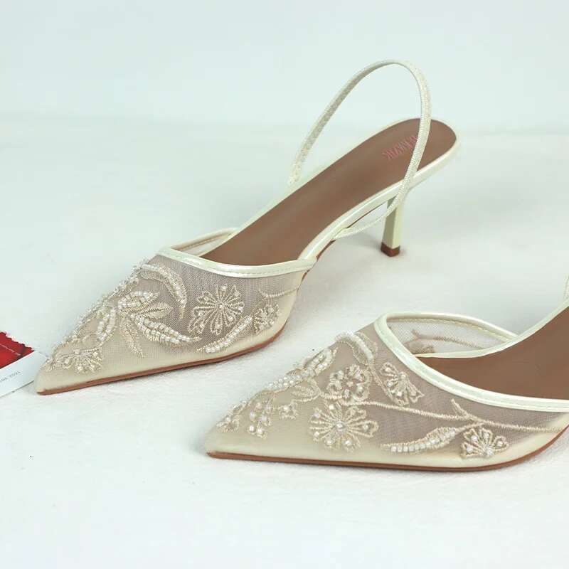 2025 New Women's Embroidered Mesh Diagonal Back High Heel Sandals Designer Fashion Shoes Unique Ivory Elegant Style Wedding Party High Heels