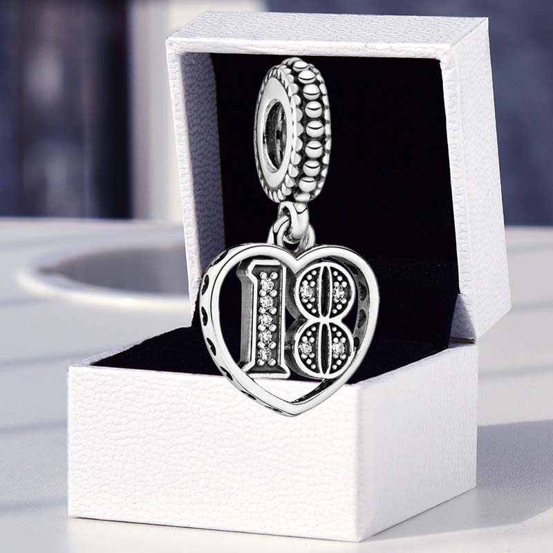 18th Celebration Dangle Charm 925 Sterling Silver For Women designer jewelry Bracelet Making Heart Pendant Charms with Retail Box Free Shipping Gift Wholesale
