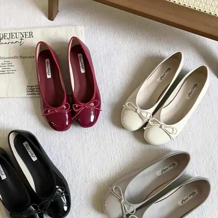 Soft Bow-Knot Round Toe Shoes Woman Flats Shallow Mouth Slip-on Casual Female Sneakers Butterfly Dress Patent Leather Boat Slip 250322