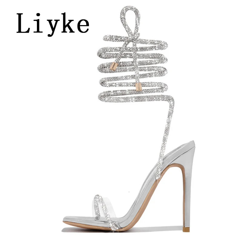 Liyke Fashion Glitter Rhinestones Women Sandals Crystal Ankle Strap High Heels Party Prom Shoes Lady Wedding Stiletto Sandalias 250322