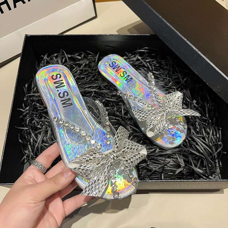 Bow Crystal Women's Slippers 2025 New Fashion Flat Shoes Sandals Elegant Formal Shoes Designer Women's Summer Slippers Women's Outdoor 