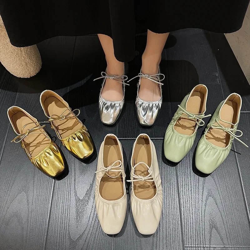 Women Flat Shoes Genuine Leather Sheepskin Comfort Flats Slip On Silver Beige Simple Shoes Spring Autumn Soft Loafers Square Toe 250322