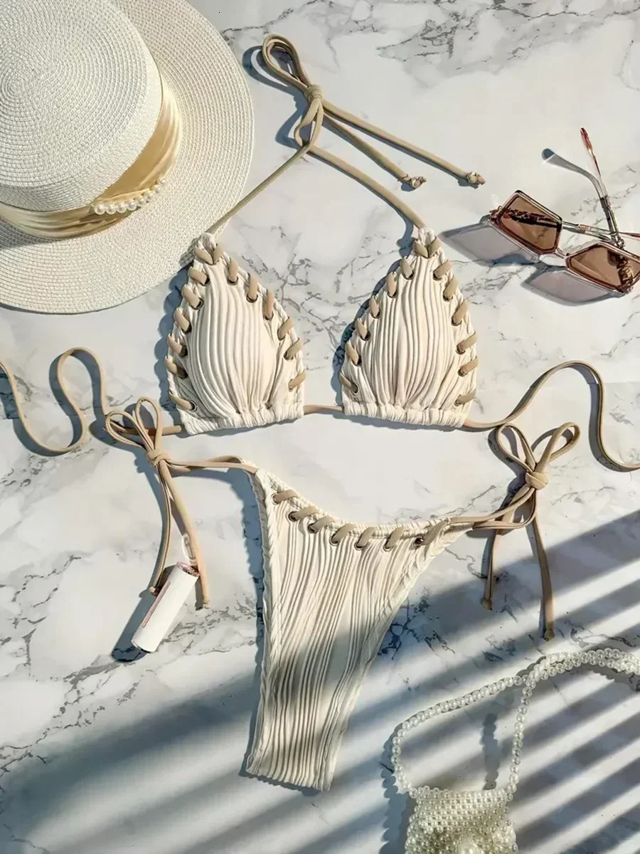 2025 Halter Wrinkled Weave Bikini Women Swimwear Female Swimsuit Two Pieces Bikini Set Brazilian Bathing Suit Swim Beach Wear 250317